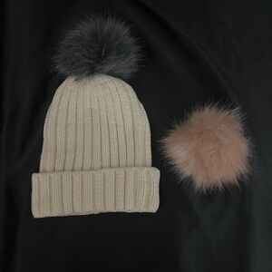 Cream Knit Beanie with Interchangeable Pom Poms
